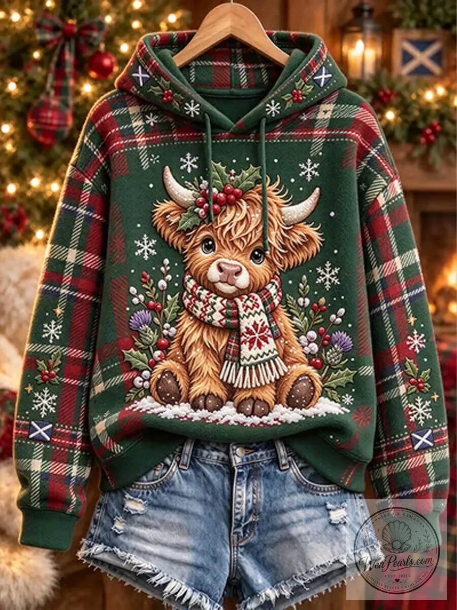 Highland Cow Christmas Plaid Pattern Hoodie