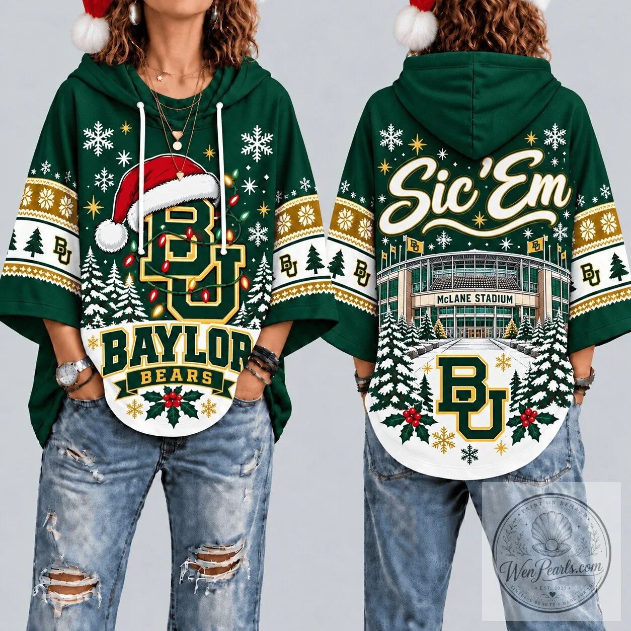 Baylor Bears Christmas McLane Stadium Sic 'Em Ugly Sweater Style Hoodie