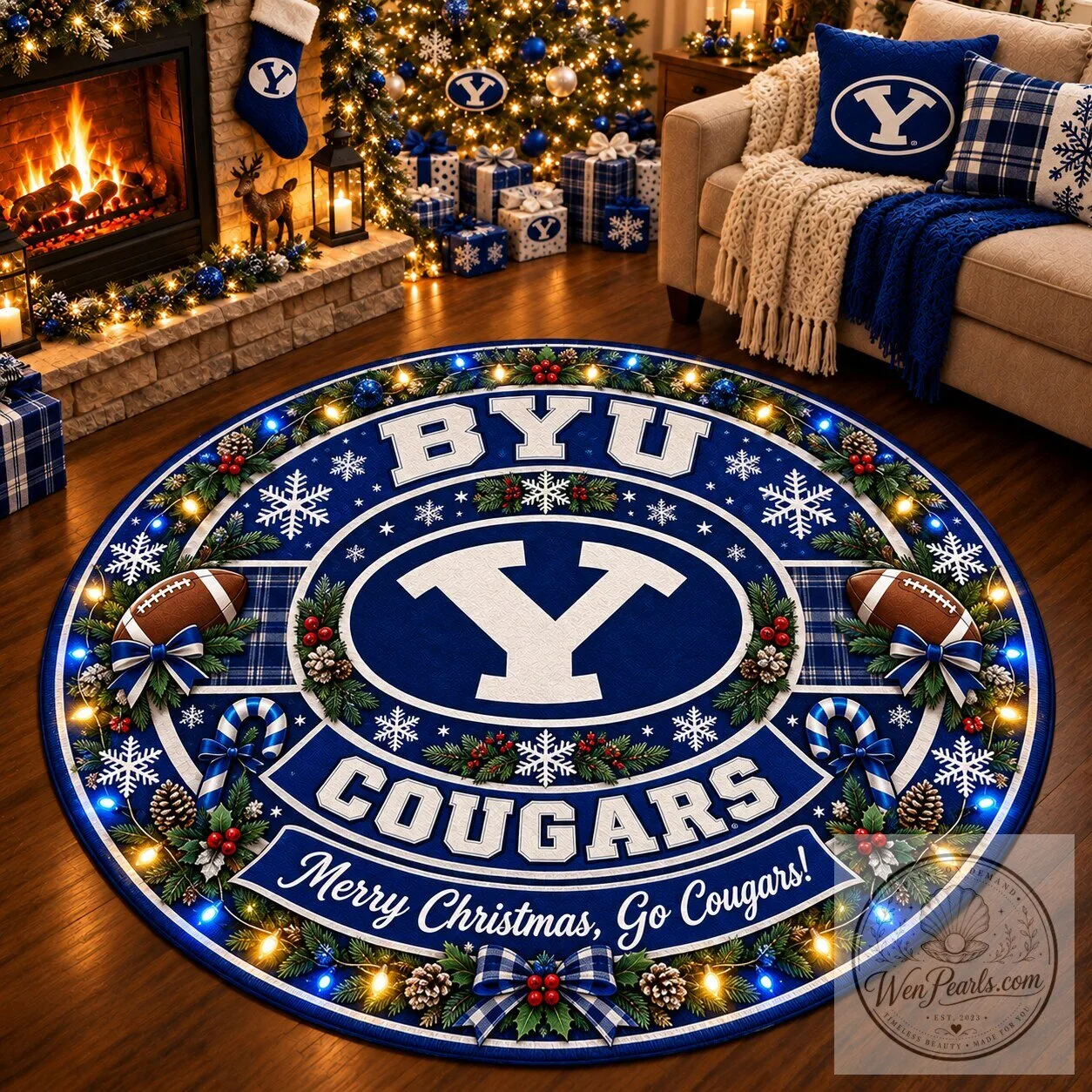 BYU Cougars Christmas Round Rug - Merry Christmas Go Cougars Holiday Decor