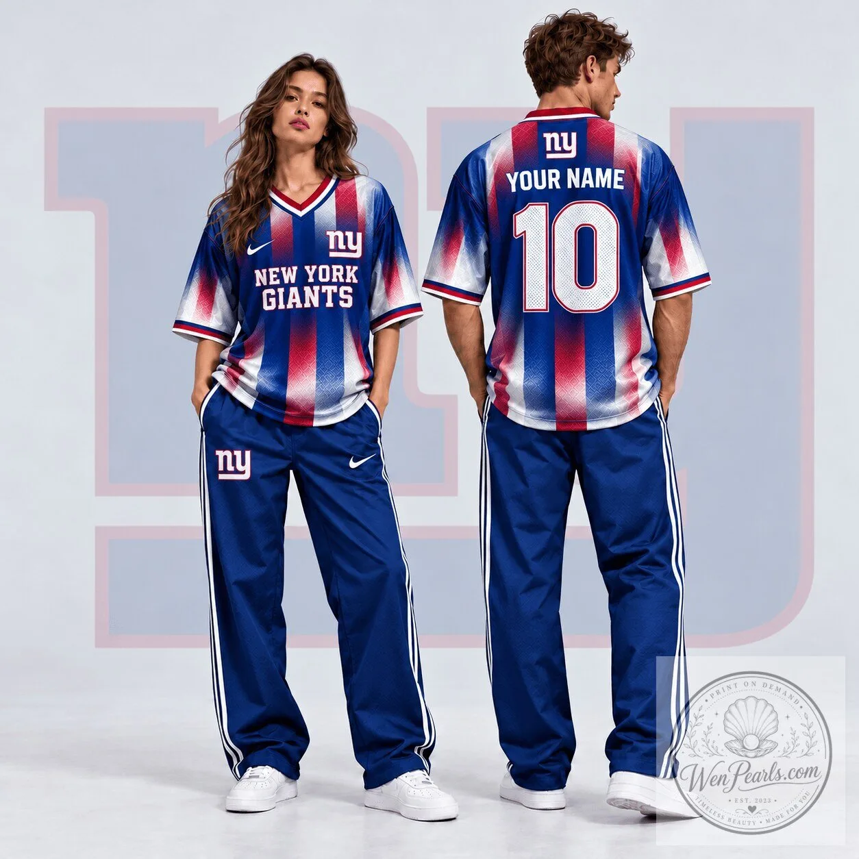 New York Giants NFL Custom Name Number Gradient Shadow V-Neck Football Jersey