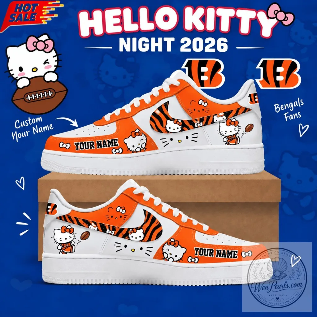 Cincinnati Bengals Hello Kitty Custom Name Low Top Sneakers for Football Fans Cincinnati Bengals Hello Kitty Custom Name Low Top Sneakers for Football Fans