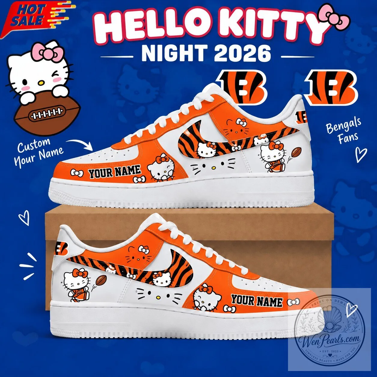 Cincinnati Bengals Hello Kitty Custom Name Low Top Sneakers for Football Fans