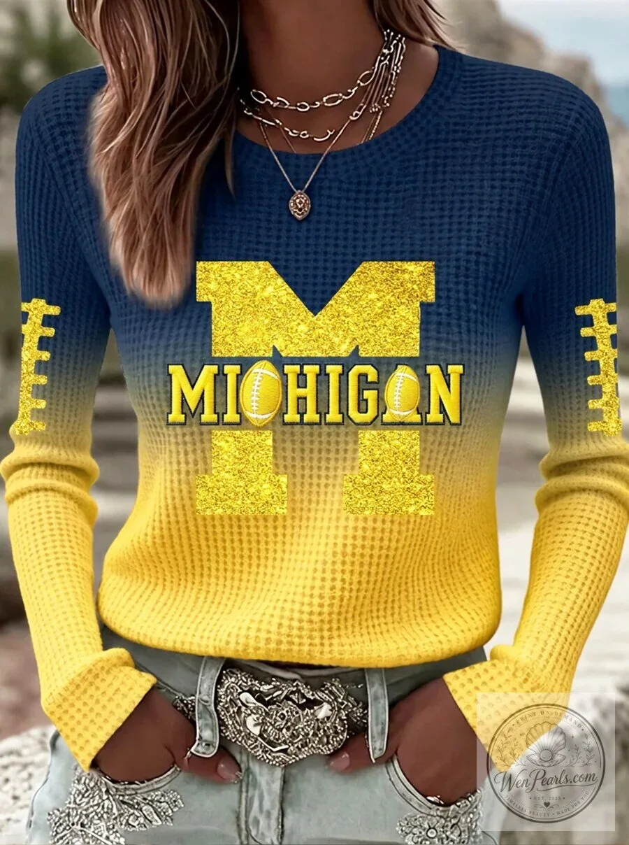 Michigan Wolverines Football Team Fan Gold Glitter Ombre Long-Sleeve Shirt