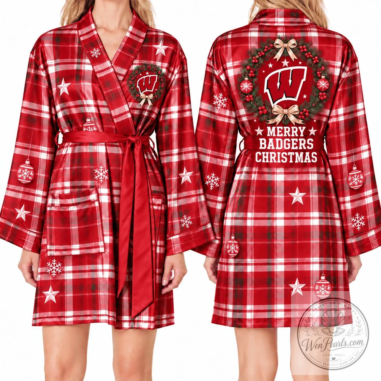 Wisconsin Badgers Christmas Plaid Satin Kimono Robe with Belt