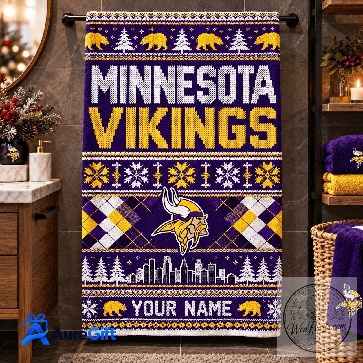 Minnesota Vikings NFL Christmas Personalized Name Bathroom Towel Gift
