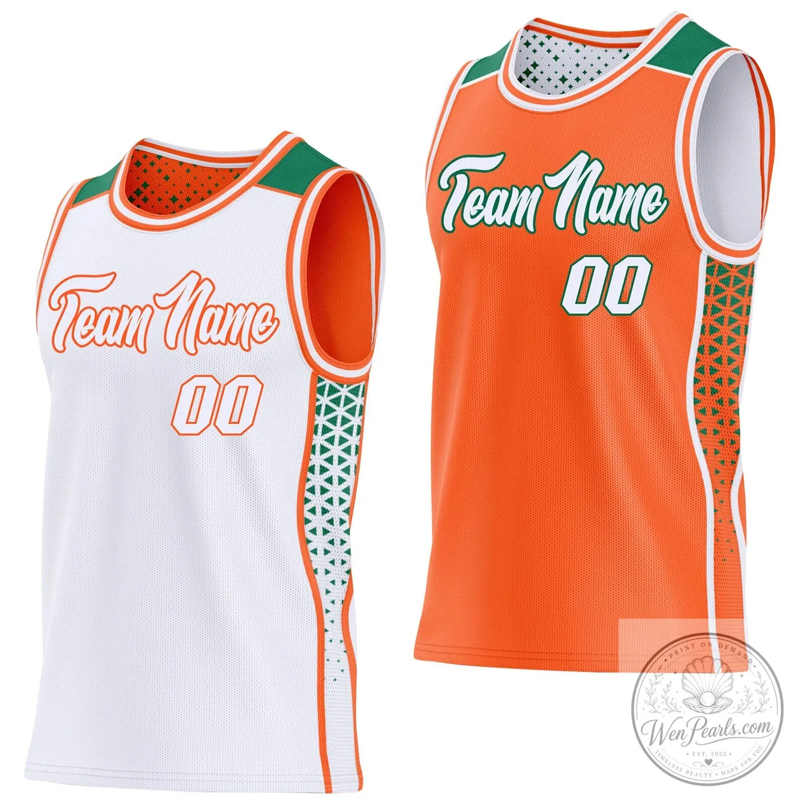 Custom Orange White Kelly Green Geometric Triangle Gradient Dot Reversible Basketball Jersey