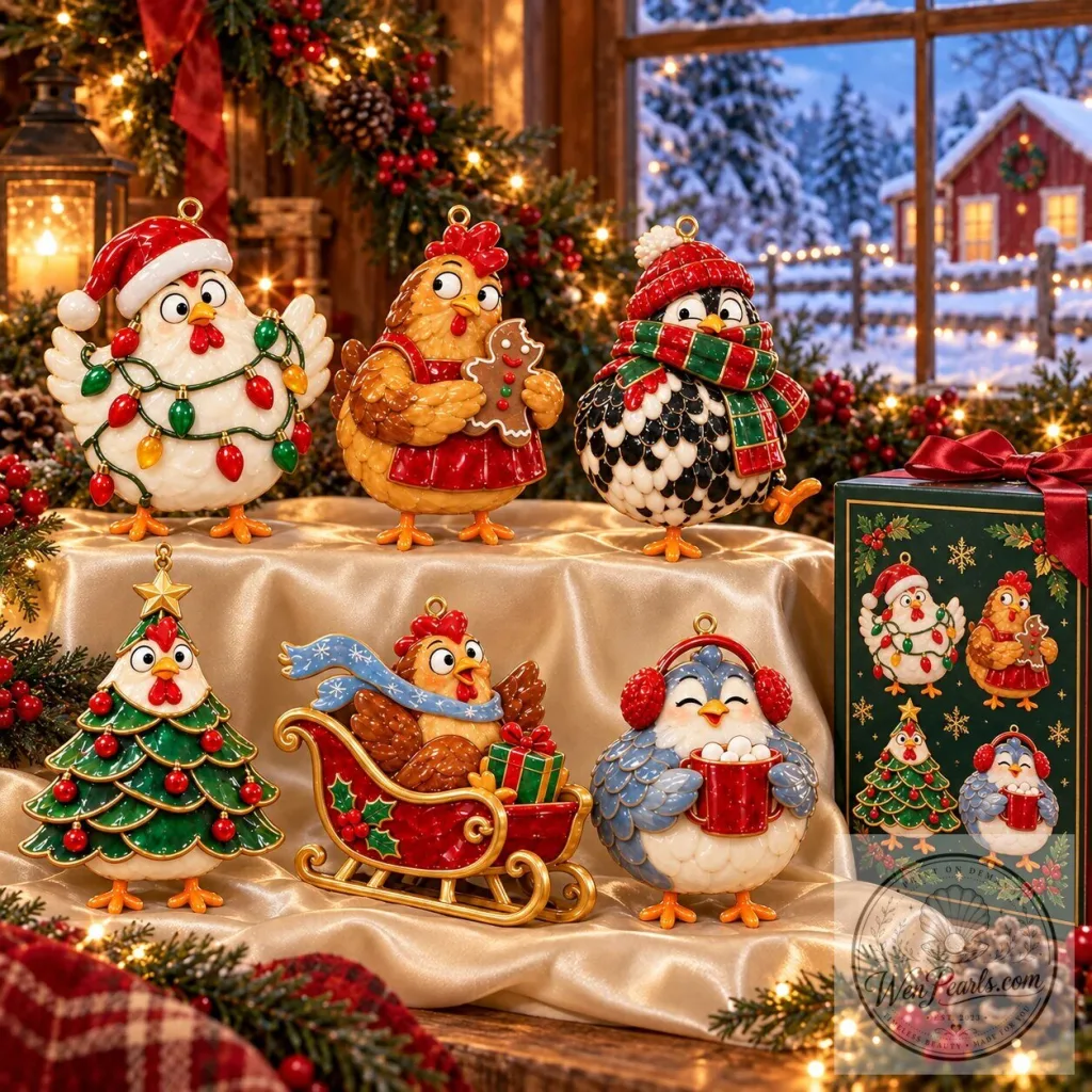 Christmas Chicken Holiday Ornaments Set of Six Festive Farmhouse Keepsakes Christmas Chicken Holiday Ornaments Set of Six Festive Farmhouse Keepsakes