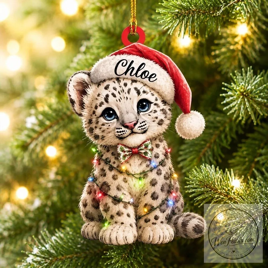 Personalized Baby Snow Leopard Christmas Ornament with Santa Hat and Lights