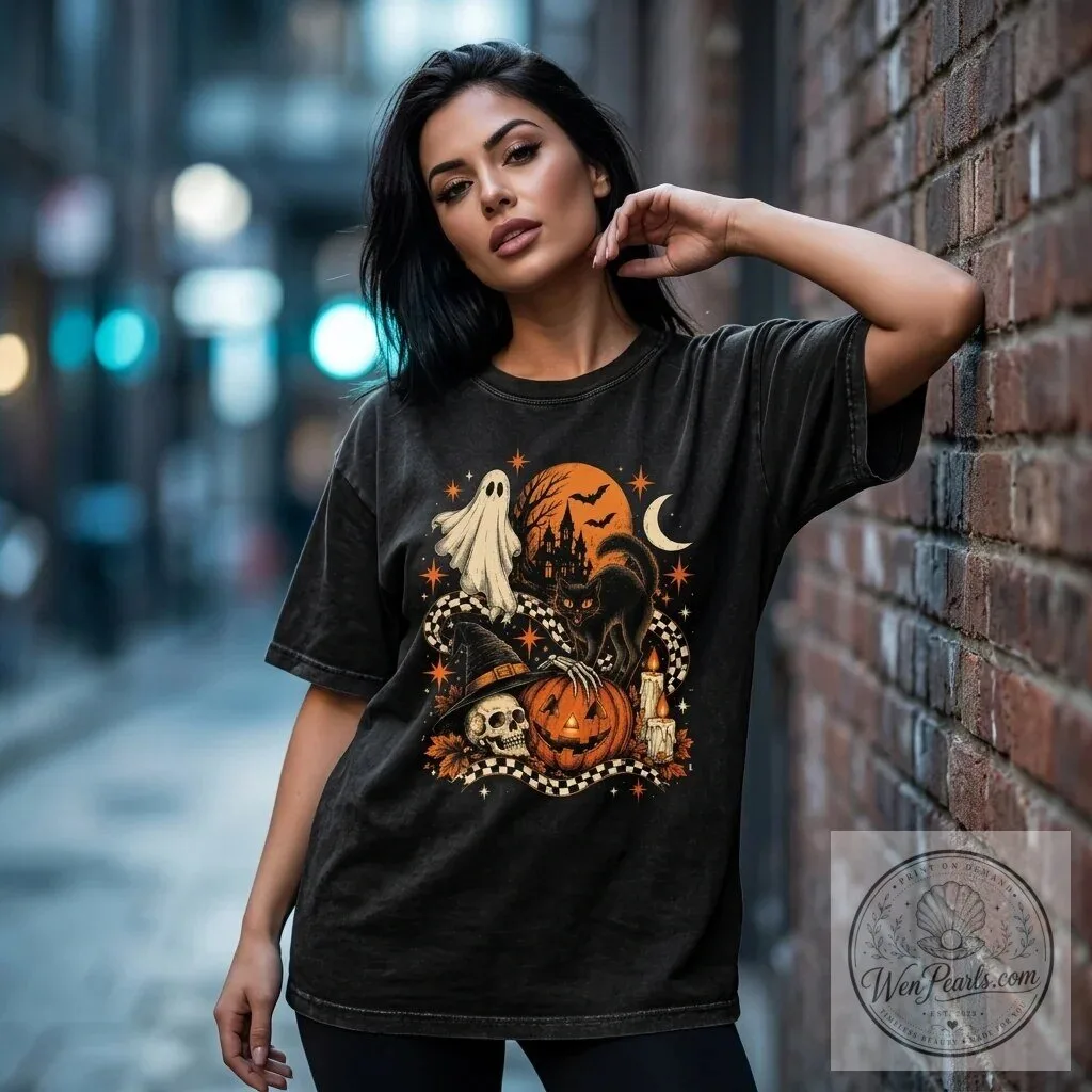 Vintage Halloween Black Cat Ghost Pumpkin Skull Spooky Season T-Shirt