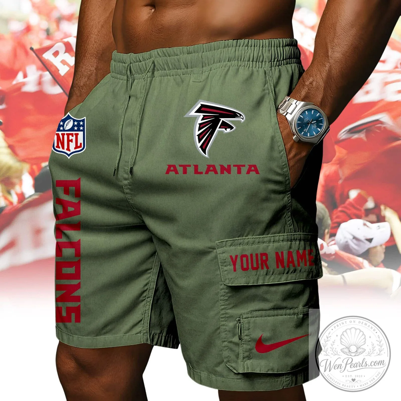 Atlanta Falcons NFL Custom Name Red Athletic Cargo Shorts 14 Atlanta Falcons NFL Custom Name Red Athletic Cargo Shorts