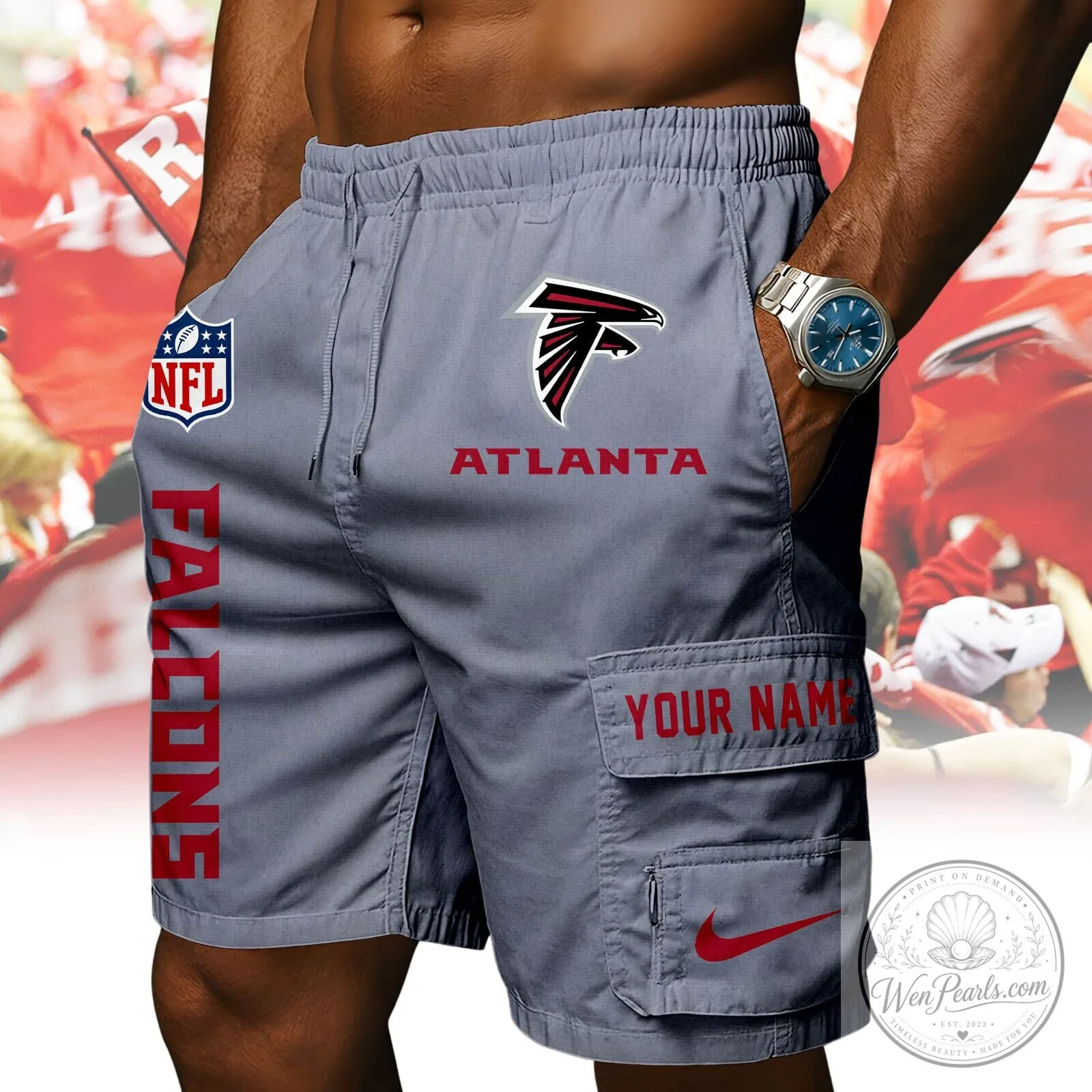 Atlanta Falcons NFL Custom Name Red Athletic Cargo Shorts 15 Atlanta Falcons NFL Custom Name Red Athletic Cargo Shorts