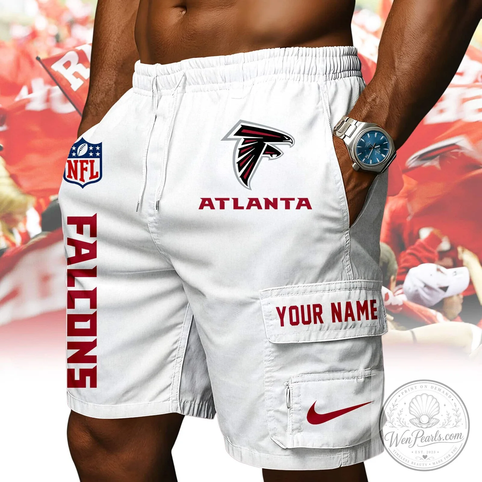 Atlanta Falcons NFL Custom Name Red Athletic Cargo Shorts 17 Atlanta Falcons NFL Custom Name Red Athletic Cargo Shorts