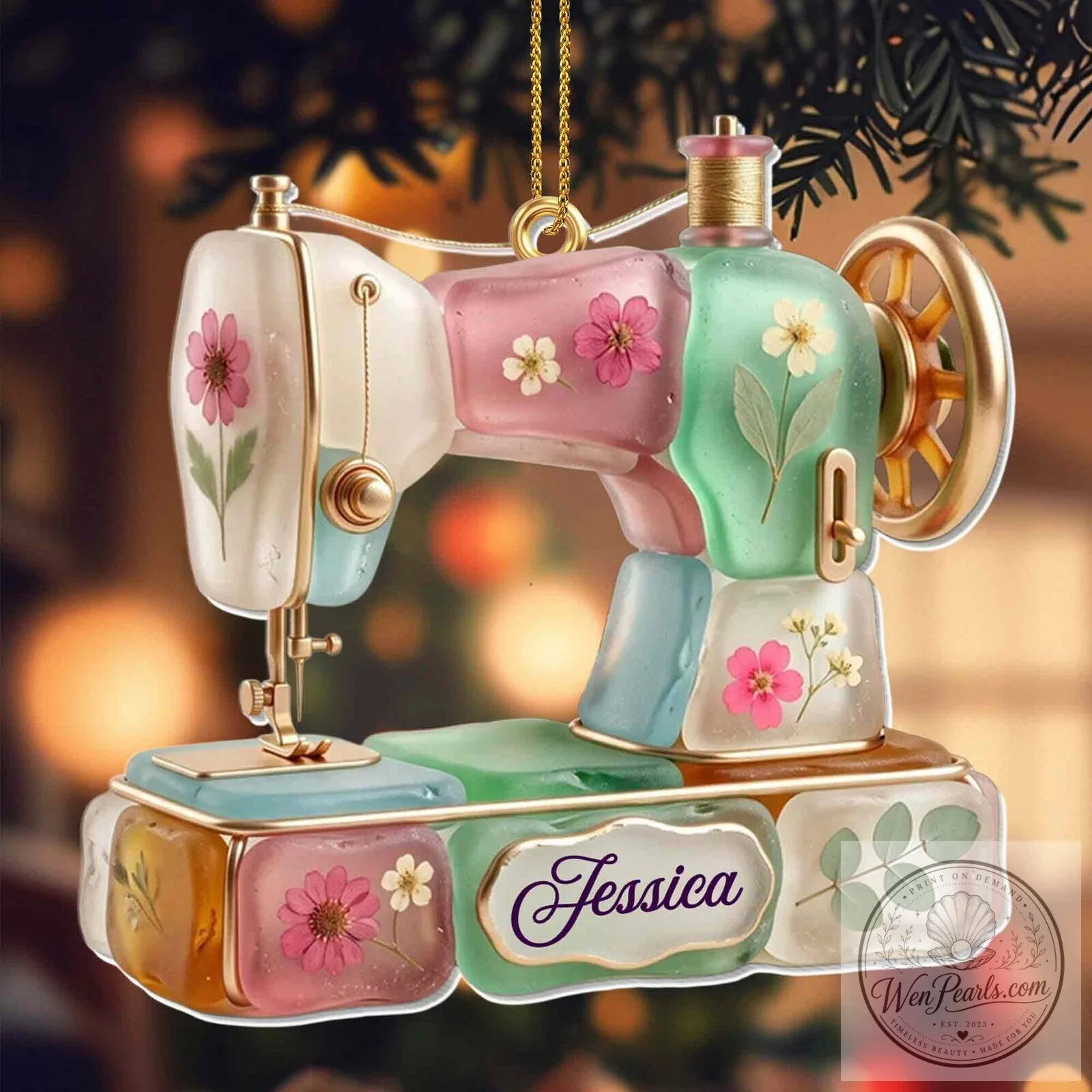Personalized Sewing Machine Floral Ornament - Custom Name Crafting Christmas Decor