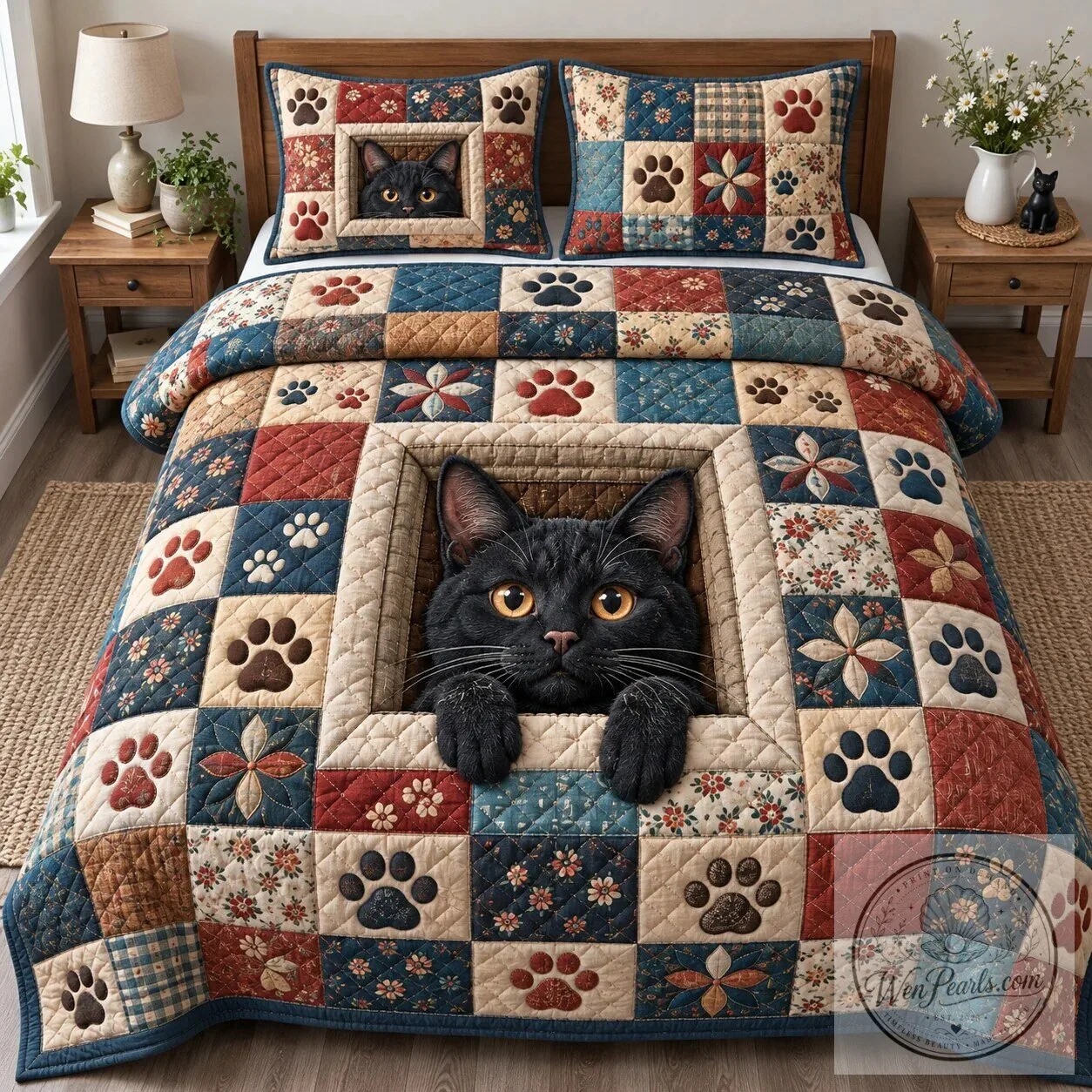 Black Cat Paw Prints Patchwork Quilted Bedding Set with Pillow Shams