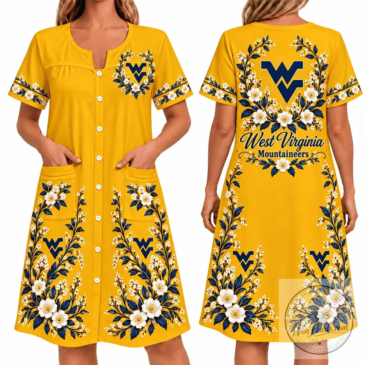 West Virginia Mountaineers Floral Button Front House Dress with Pockets