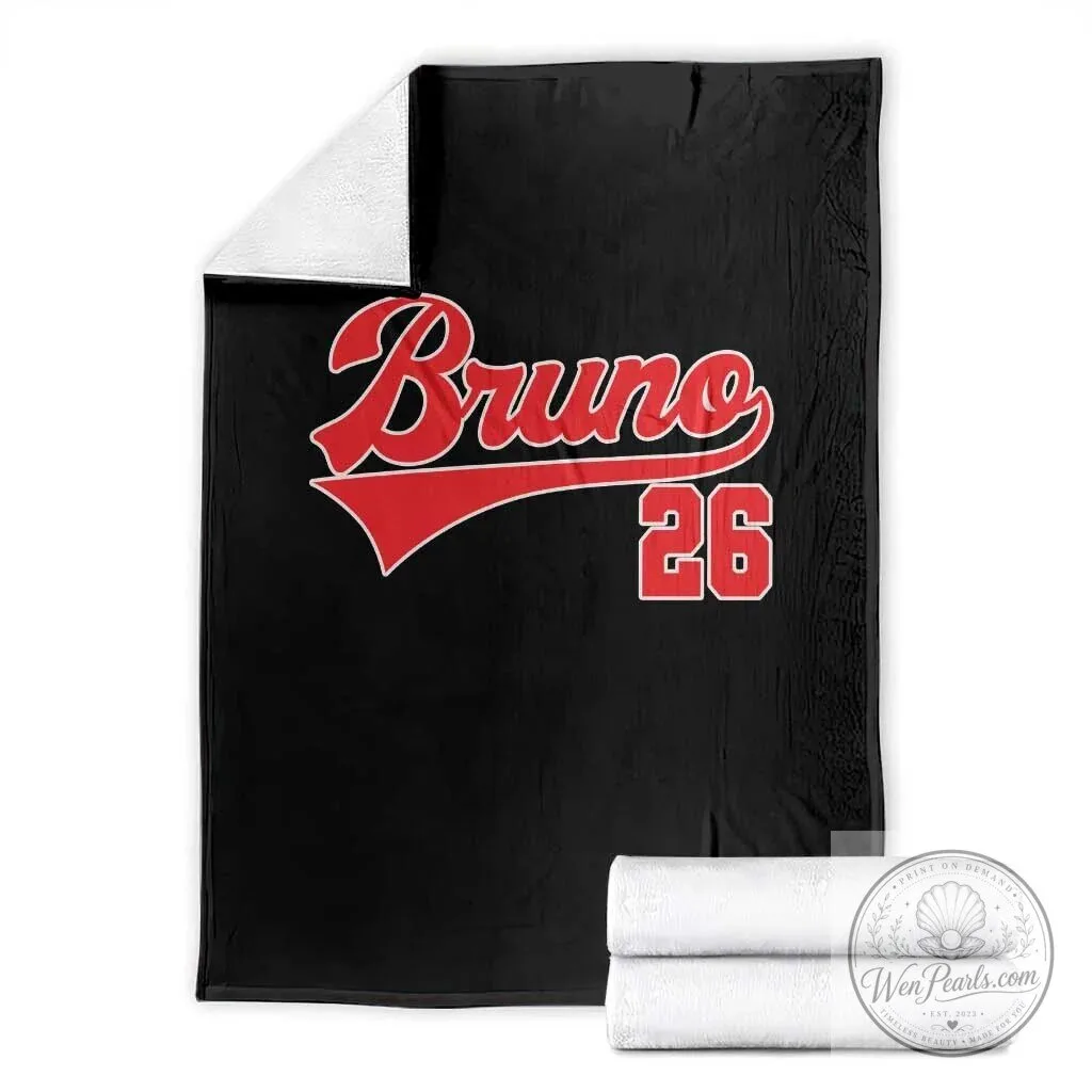 Bruno 26 Baseball Script Name and Number Black Fleece Throw Blanket
