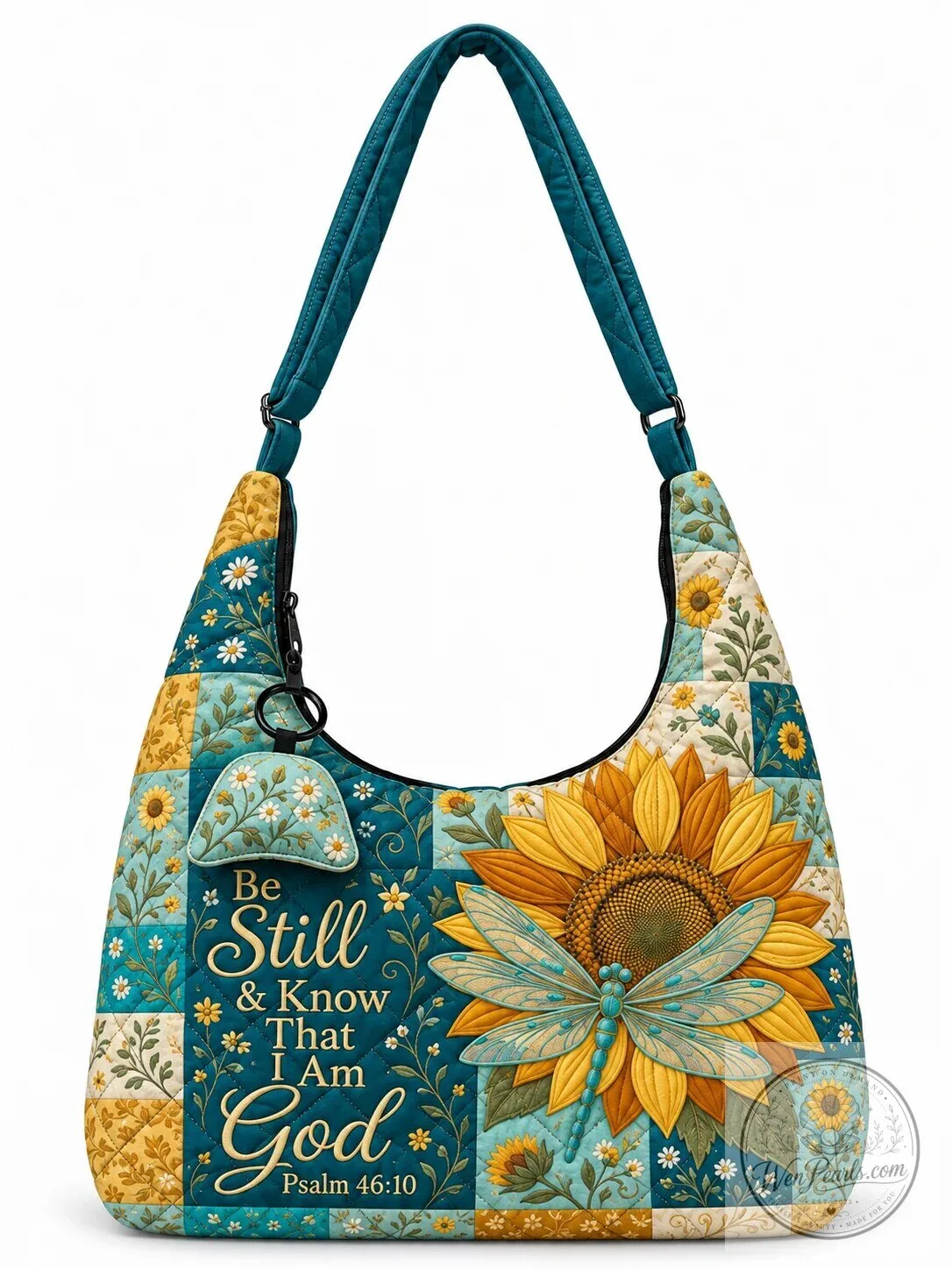 Be Still And Know That I Am God Psalm 46:10 Sunflower Dragonfly Quilted Hobo Bag