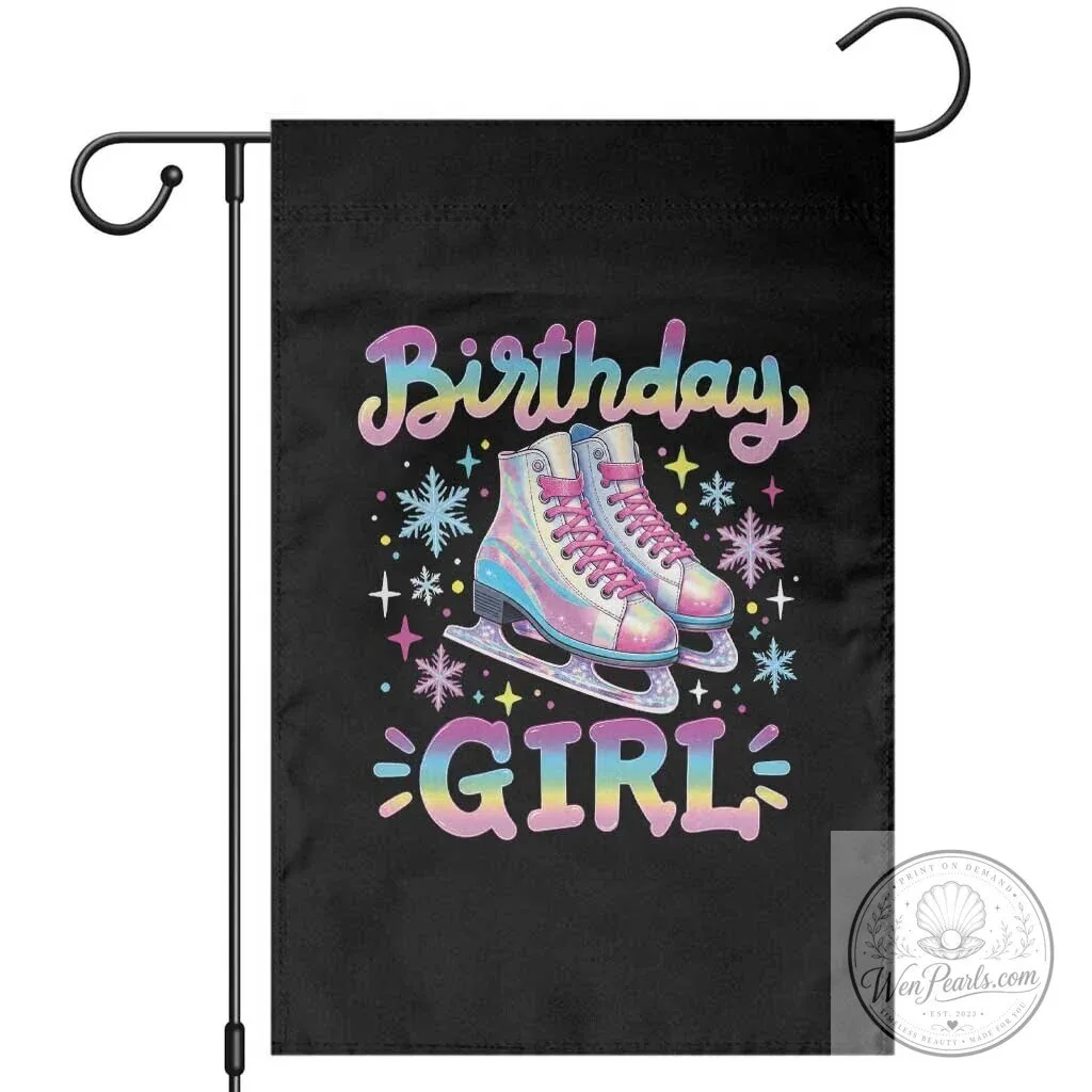 Ice Skating Birthday Girl Retro Pastel Holographic Winter Sports Garden Flag
