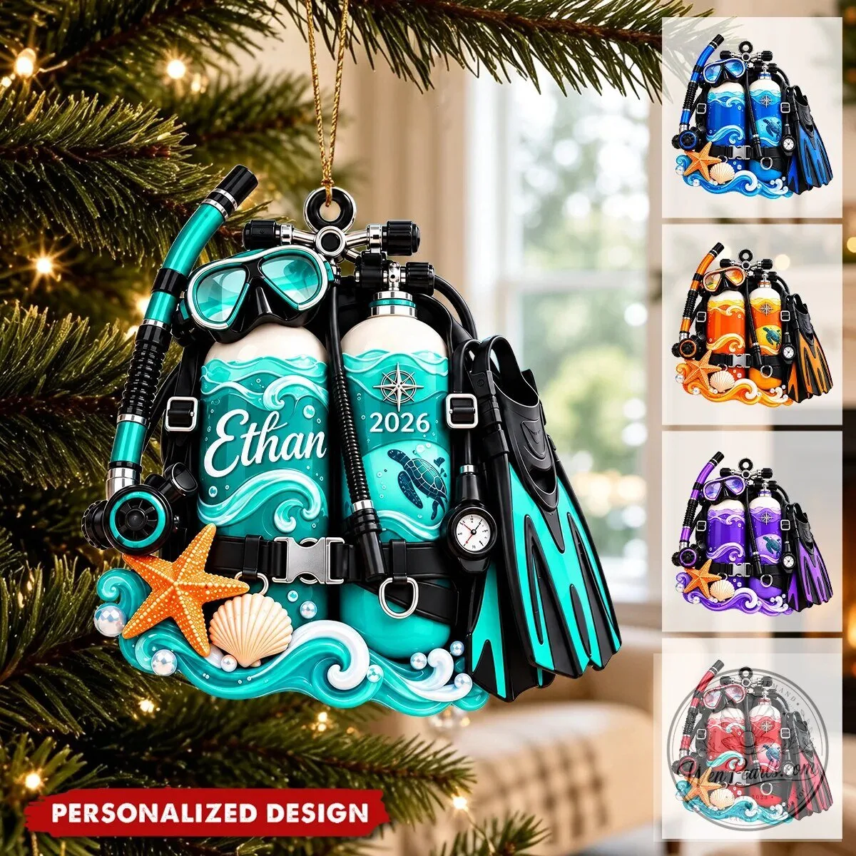 Personalized Scuba Diving Equipment Christmas Ornament with Custom Name