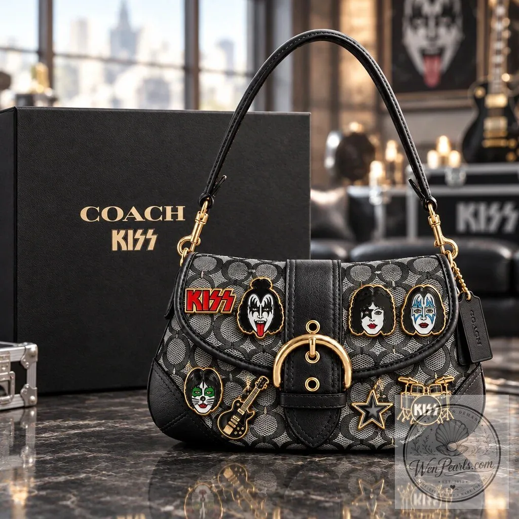 KISS Band Coach Signature Monogram Black Leather Shoulder Bag