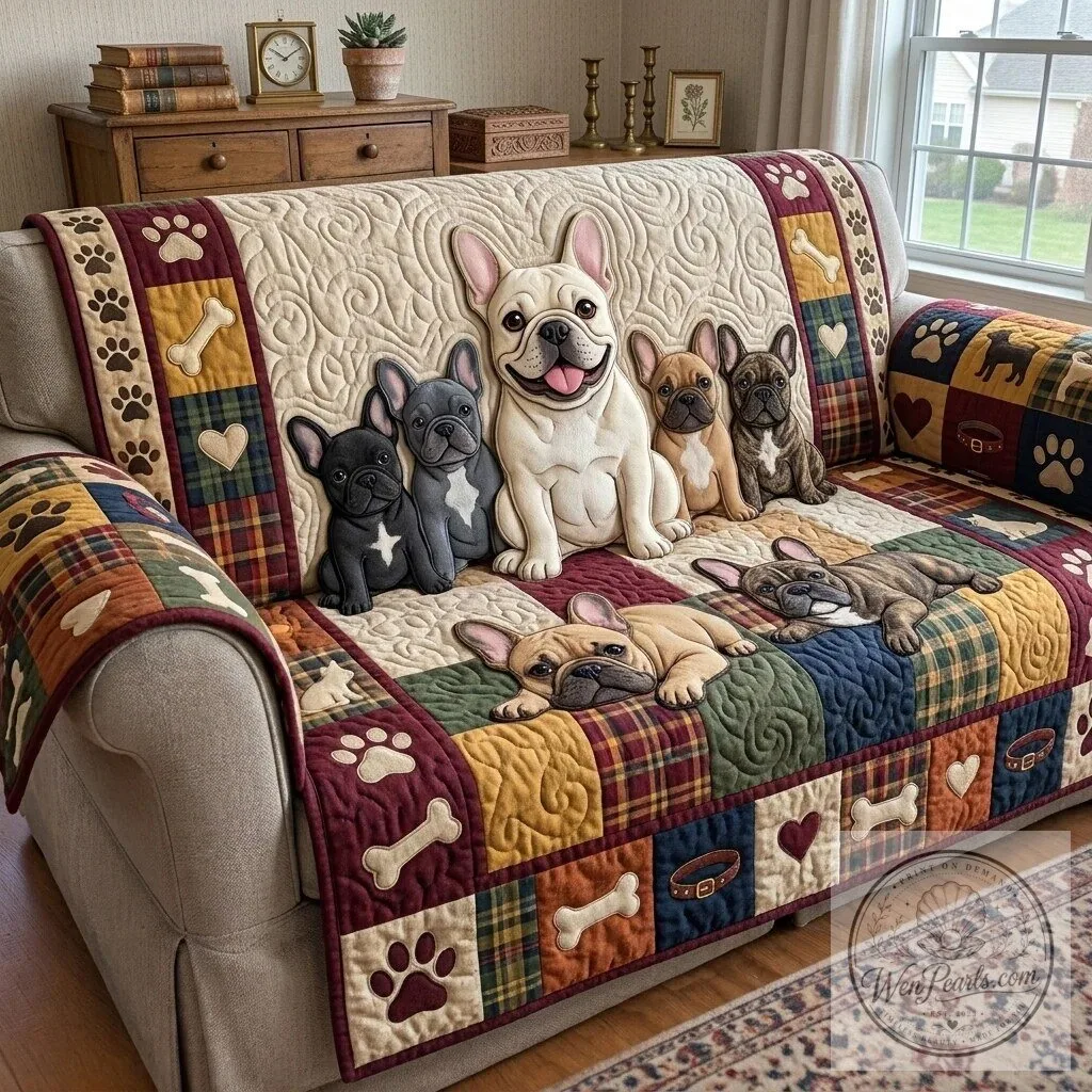 French Bulldog Patchwork Quilted Sofa Cover with Dog Paw Prints and Bones