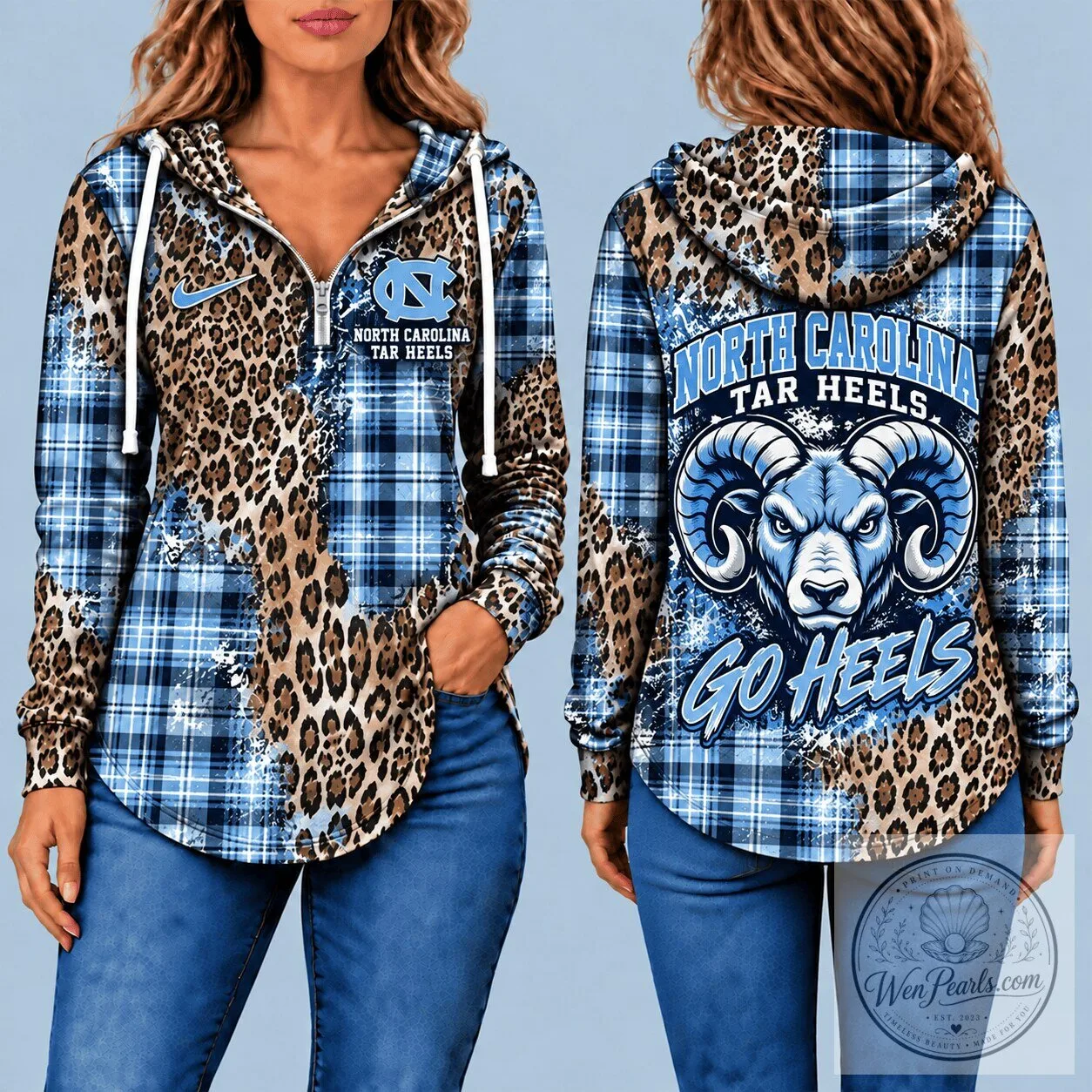 North Carolina Tar Heels Leopard Plaid Pattern Half-Zip Pullover Hoodie