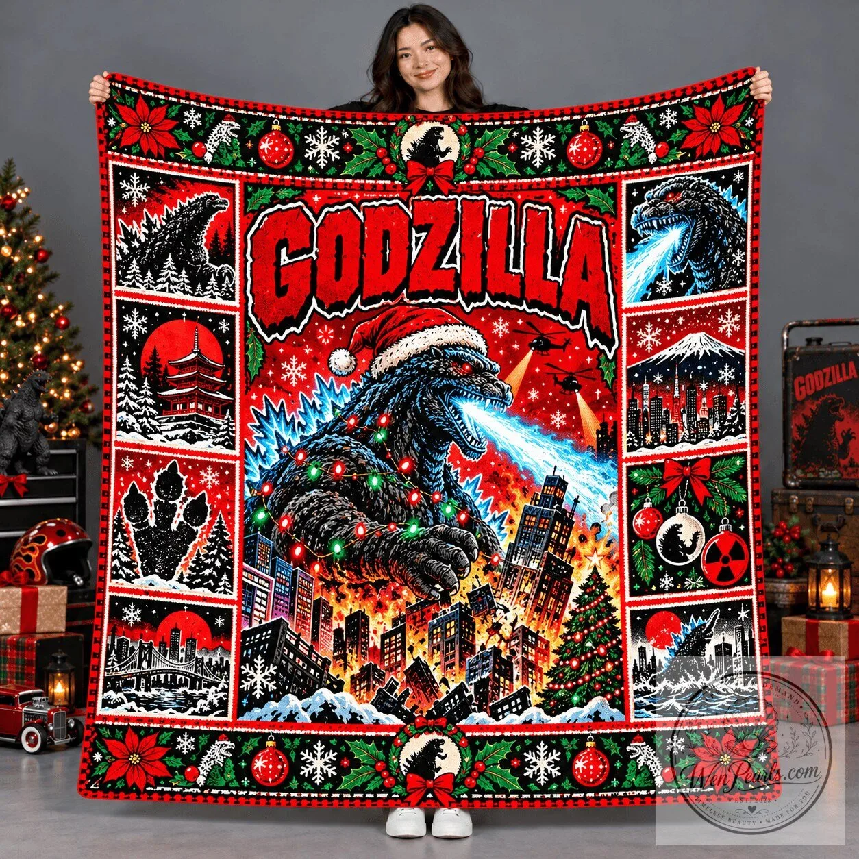 Godzilla Christmas Kaiju City Attack Holiday Fleece Blanket
