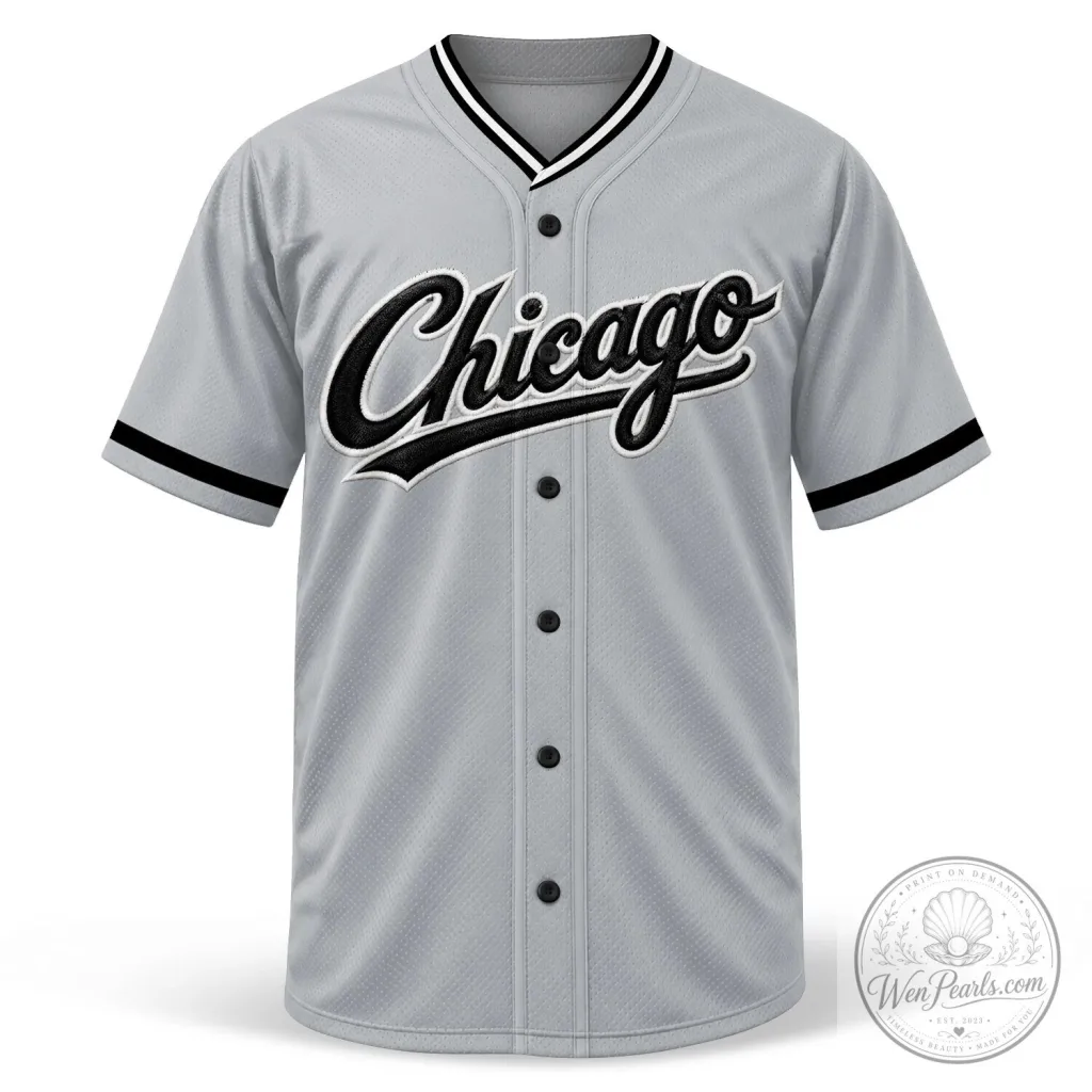 Chicago Baseball Team Gray Button-Up Jersey with Black Lettering Chicago Baseball Team Gray Button-Up Jersey with Black Lettering