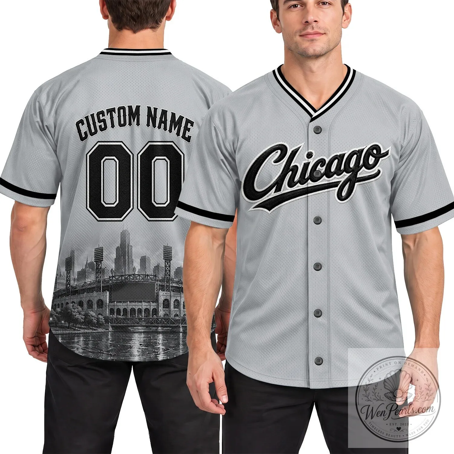 Chicago Baseball Team Gray Button-Up Jersey with Black Lettering 22 Chicago Baseball Team Gray Button-Up Jersey with Black Lettering
