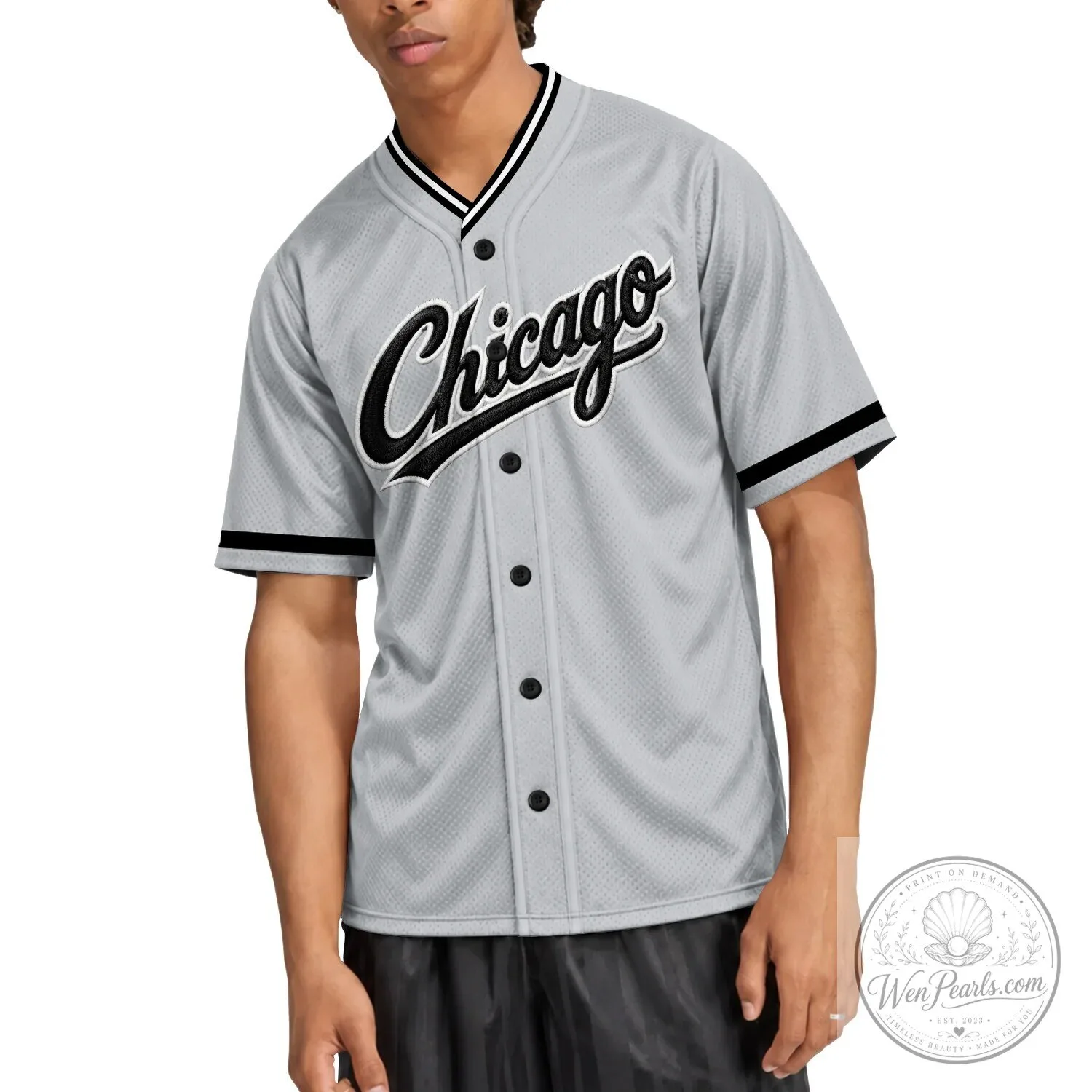 Chicago Baseball Team Gray Button-Up Jersey with Black Lettering 23 Chicago Baseball Team Gray Button-Up Jersey with Black Lettering