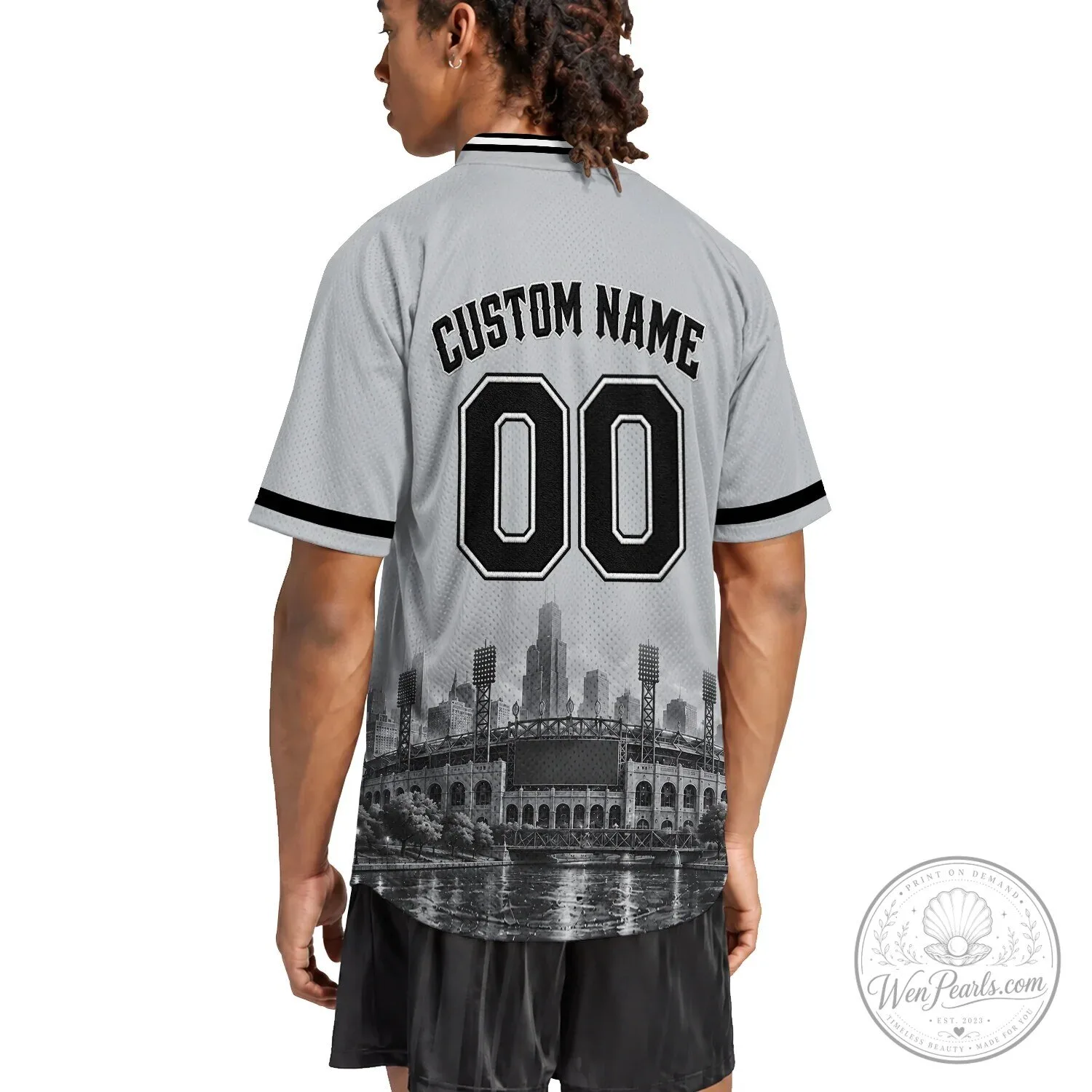 Chicago Baseball Team Gray Button-Up Jersey with Black Lettering 24 Chicago Baseball Team Gray Button-Up Jersey with Black Lettering