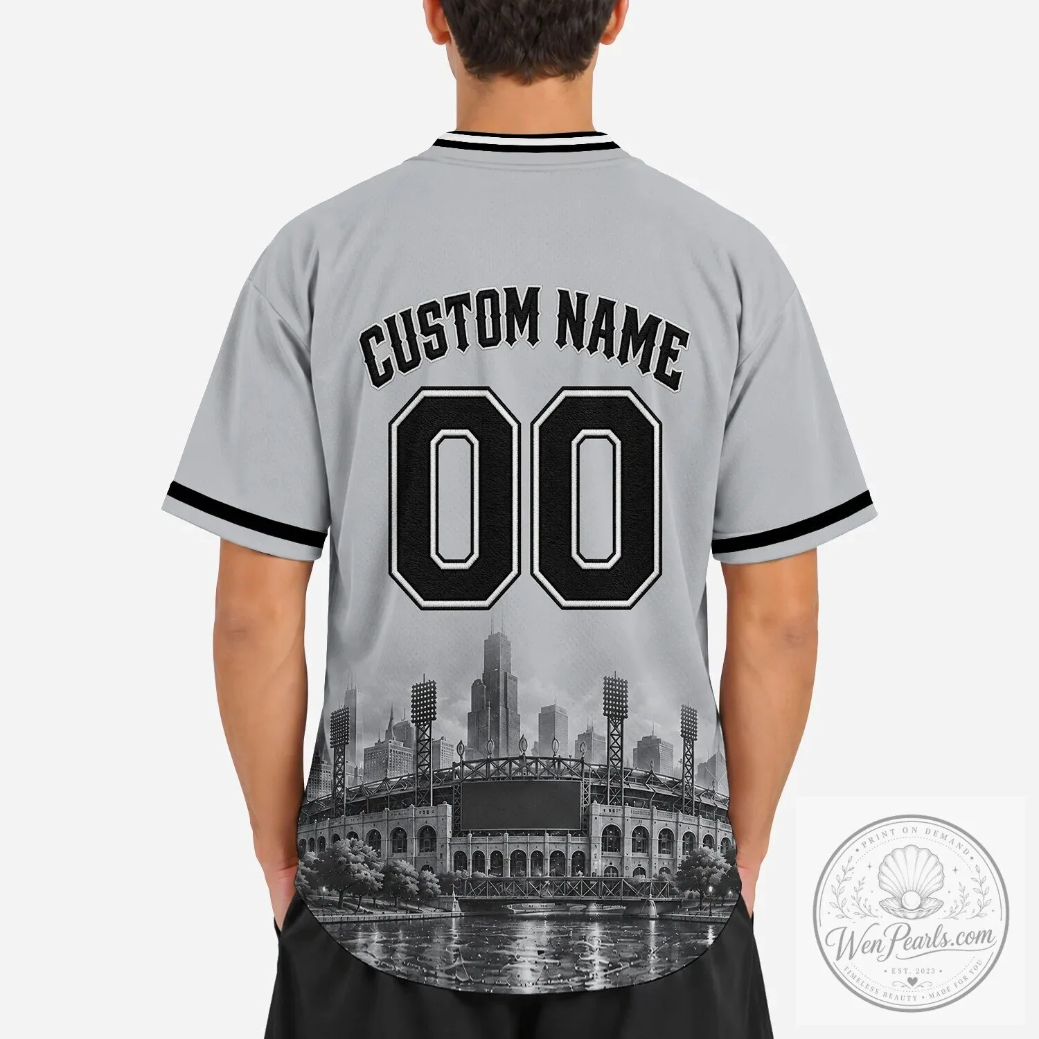 Chicago Baseball Team Gray Button-Up Jersey with Black Lettering 25 Chicago Baseball Team Gray Button-Up Jersey with Black Lettering