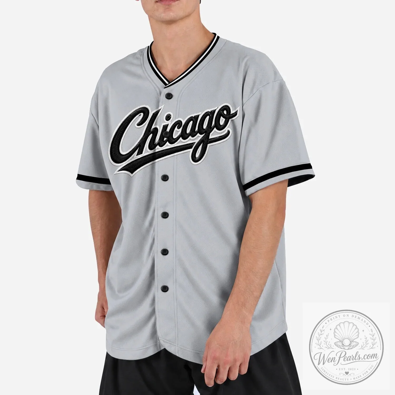 Chicago Baseball Team Gray Button-Up Jersey with Black Lettering 26 Chicago Baseball Team Gray Button-Up Jersey with Black Lettering