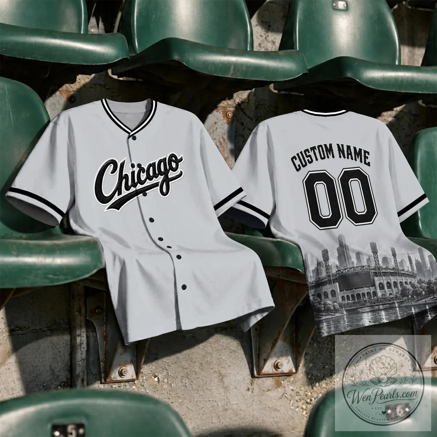 Chicago Baseball Team Gray Button-Up Jersey with Black Lettering 27 Chicago Baseball Team Gray Button-Up Jersey with Black Lettering