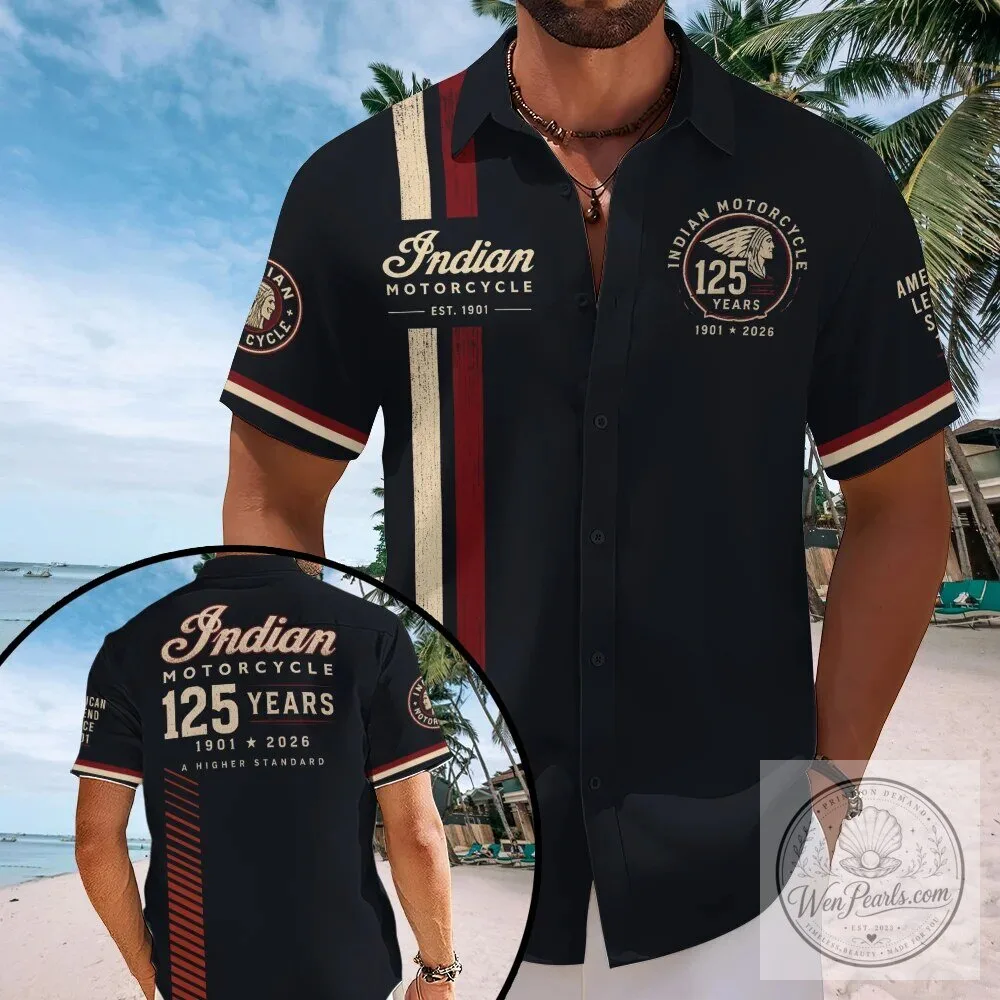 Hawaiian Shirt with Short Sleeves and Button-Down Style for Indian Motorcycle's 125th Anniversary