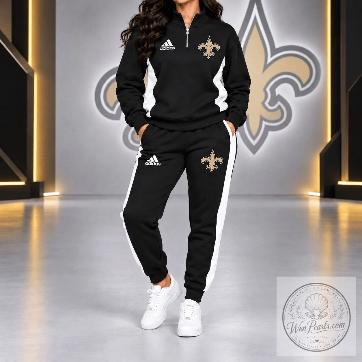 New Orleans Saints Adidas Black Quarter-Zip Sweatshirt and Jogger Pants Set