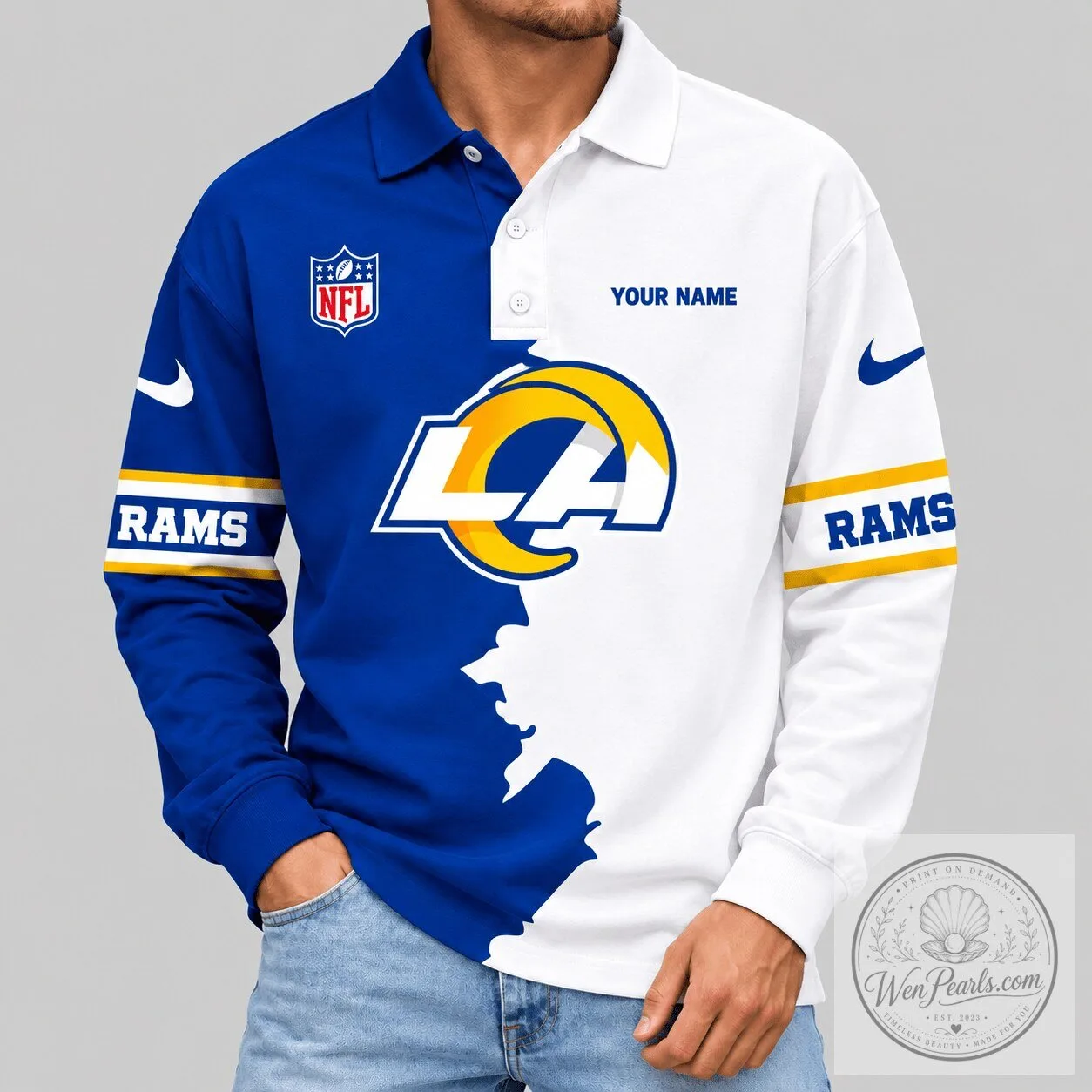 Los Angeles Rams NFL Split Panel Long Sleeve Polo Shirt Custom Name