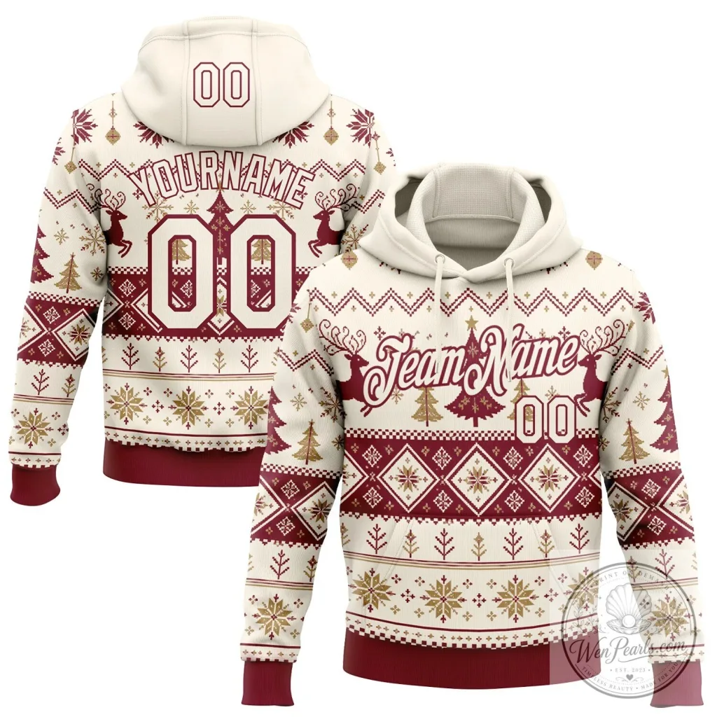 Custom Cream Crimson Christmas Ugly Sweater Style Pullover Hoodie 49 Custom Cream Crimson Christmas Ugly Sweater Style Pullover Hoodie