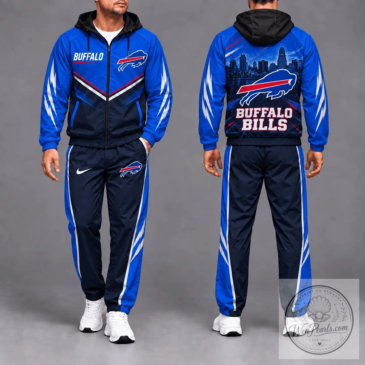 Buffalo Bills Football Team Blue and Black Full Zip Hoodie Tracksuit for Men