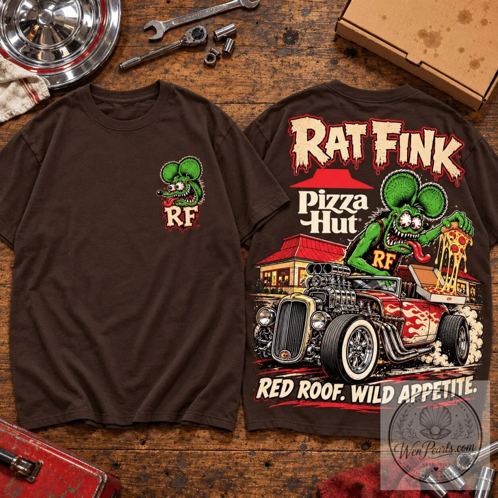 Rat Fink Pizza Hut Hot Rod Car Graphic Design Brown T-Shirt Rat Fink Pizza Hut Hot Rod Car Graphic Design Brown T-Shirt