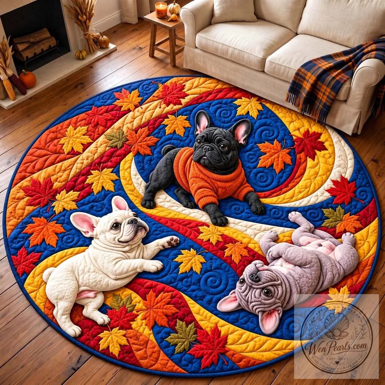 Autumn French Bulldog Puppies Fall Leaves Swirl Pattern Round Area Rug 10 Autumn French Bulldog Puppies Fall Leaves Swirl Pattern Round Area Rug