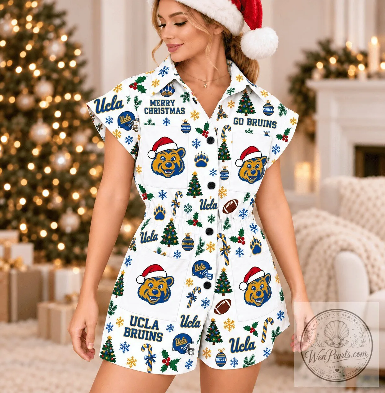 UCLA Bruins Merry Christmas Holiday Button-Up Romper for Women