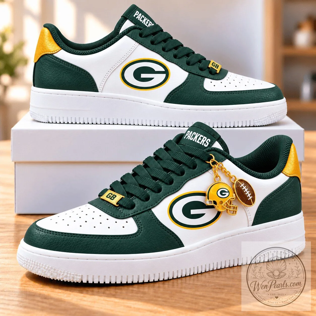 Green Bay Packers NFL Team Logo White and Green Low Top Sneakers Shoes