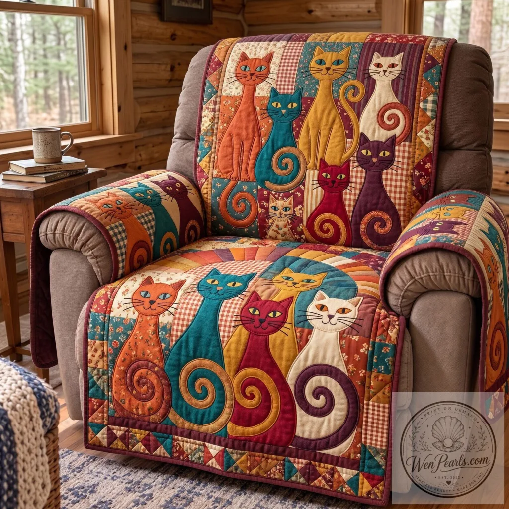 Colorful Primitive Cat Quilted Sofa Cover for Recliner Chair Protection Colorful Primitive Cat Quilted Sofa Cover for Recliner Chair Protection