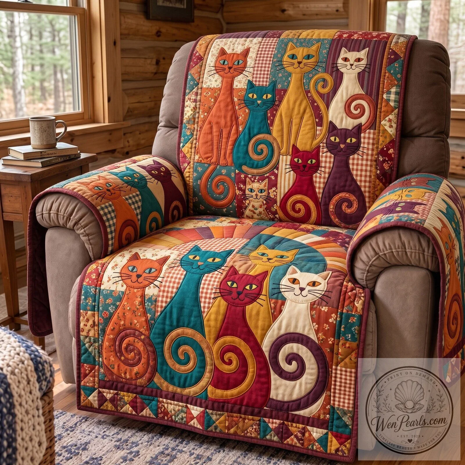 Colorful Primitive Cat Quilted Sofa Cover for Recliner Chair Protection