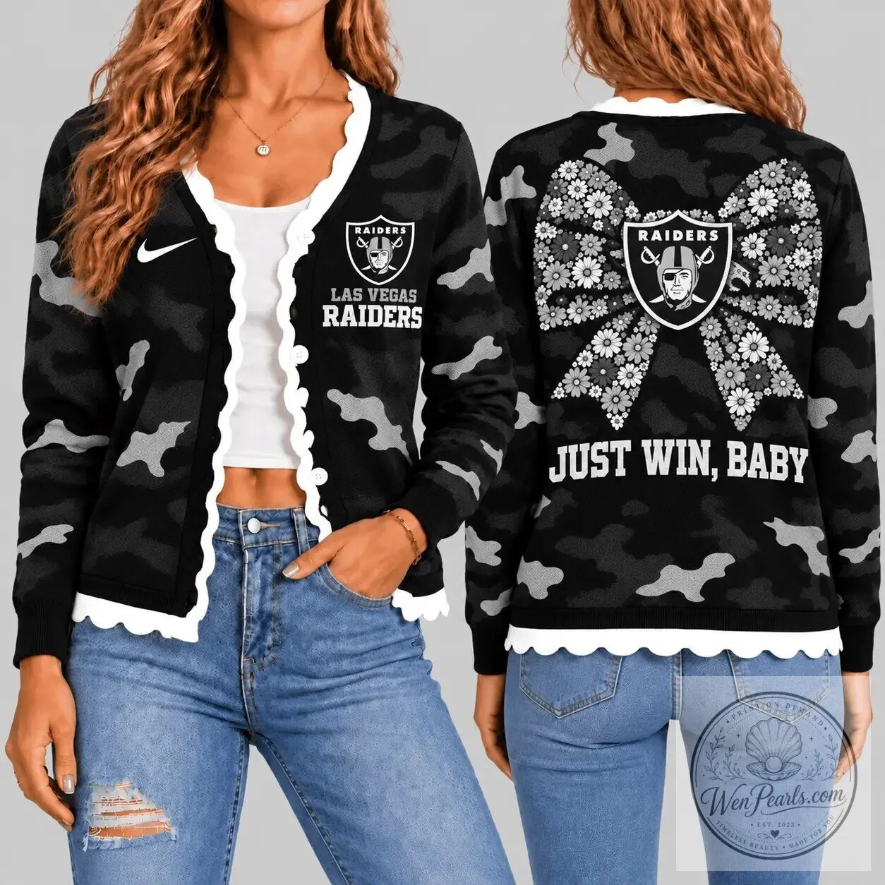 Las Vegas Raiders NFL Camouflage Floral Bow Knit Cardigan Sweater for Women