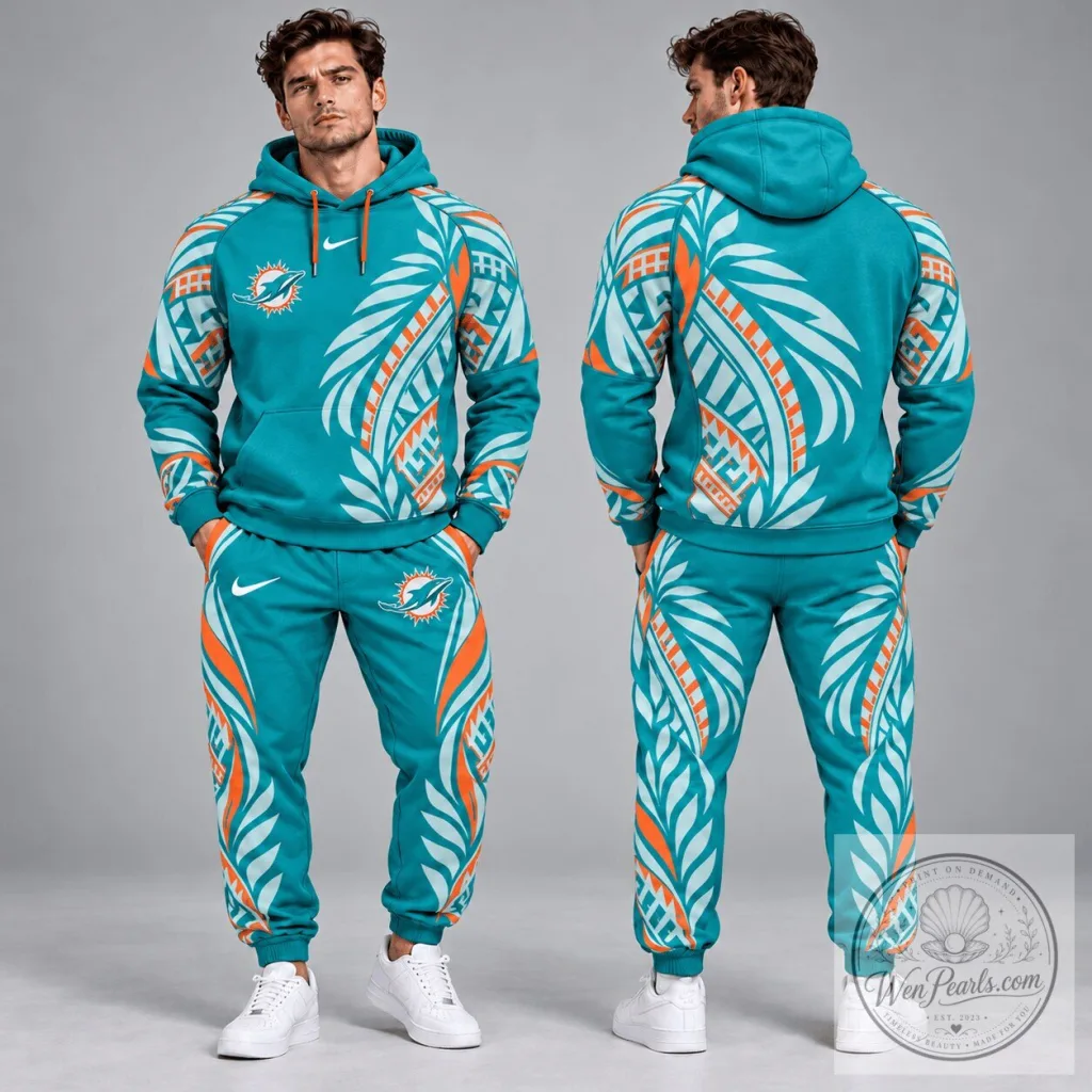 Miami Dolphins Polynesian Tribal Feather Graphic Pullover Hoodie and Jogger Pants Set Miami Dolphins Polynesian Tribal Feather Graphic Pullover Hoodie and Jogger Pants Set