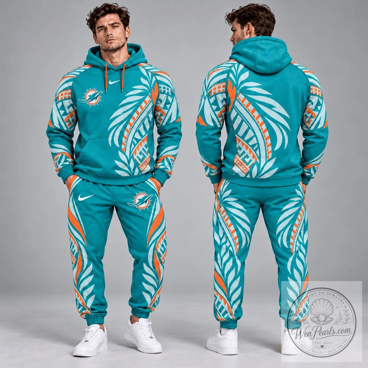 Miami Dolphins Polynesian Tribal Feather Graphic Pullover Hoodie and Jogger Pants Set