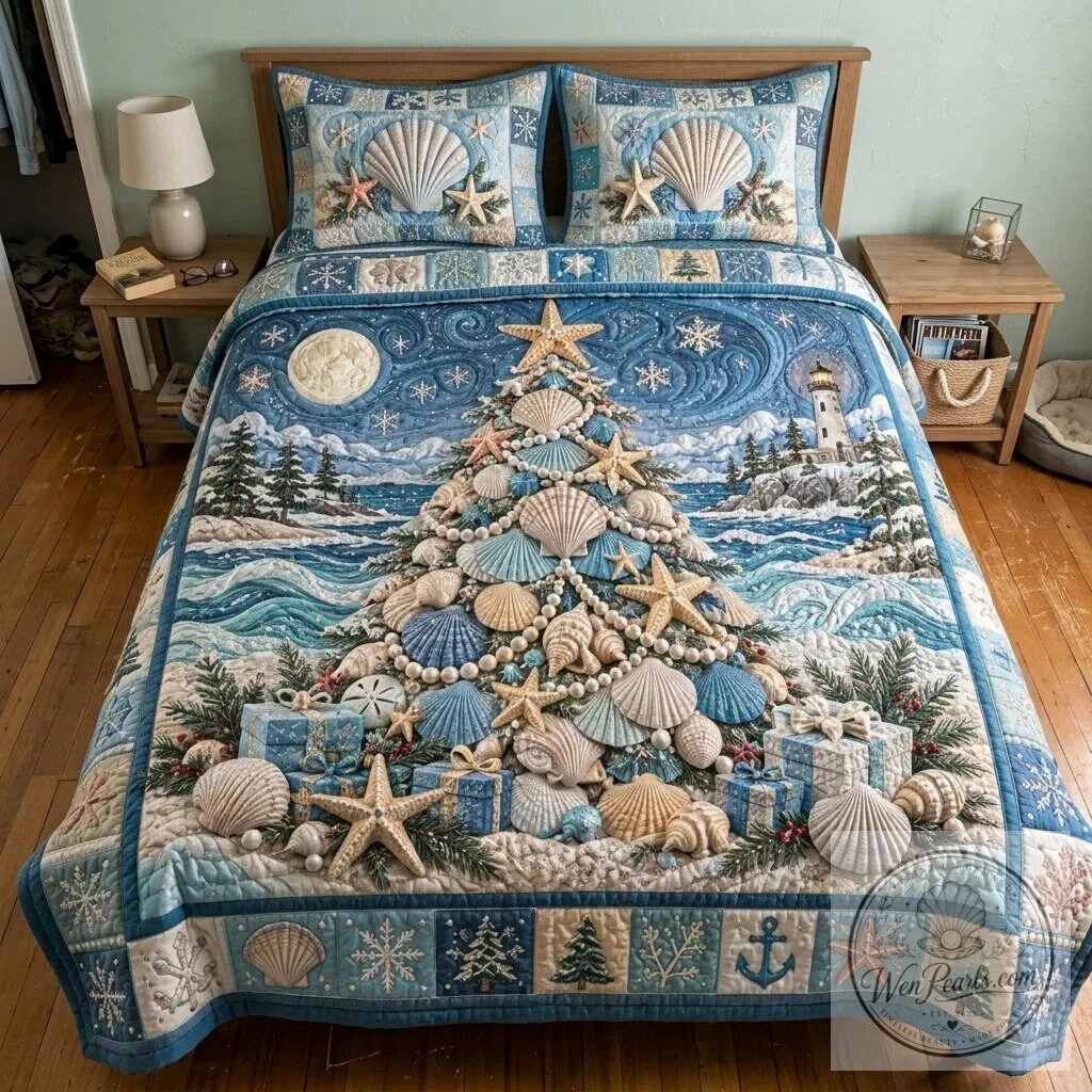 Coastal Christmas Seashell Tree Quilted Bedding Set with Pillow Shams