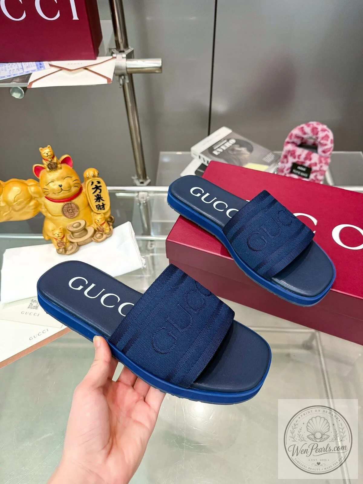 Gucci Navy Blue Rubber Slide Sandals with Embossed Logo